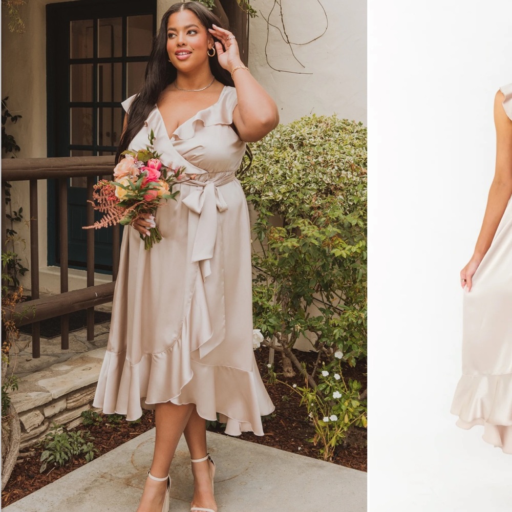 Show Me Your Mumu Samantha Ruffle Wrap Dress in Champagne luxe satin Bridesmaid